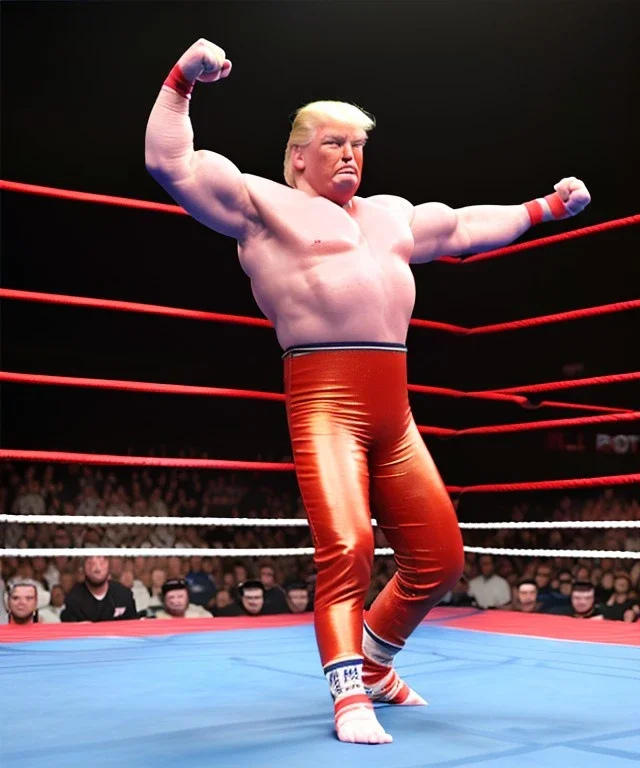 Wrestler Donald trump, wrestling, red breeches, suspenders, retro style, 80s, hot ambient, photo studio, vibrant color, gradient, highly detailed, art stations, concept art, smooth, unreal engine 5, god rays, ray tracing, RTX, lumen lighting, ultra detail, volumetric lighting, 3d, finely drawn, high definition, high resolution.