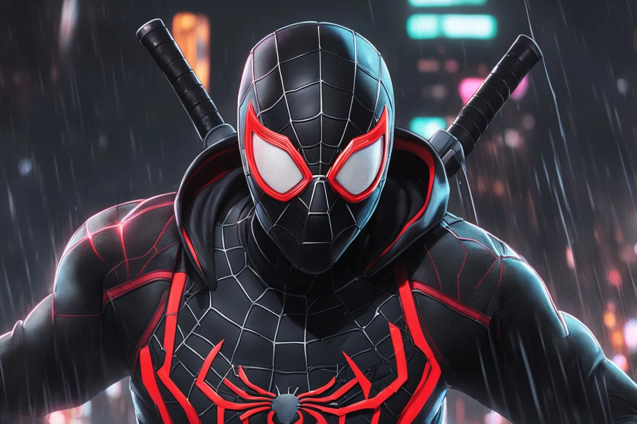 Miles morales in 8k nier automata drawing style, venom them, cinematic mood, neon effect, close picture, rain, highly detailed, high details, detailed portrait, masterpiece,ultra detailed, ultra quality