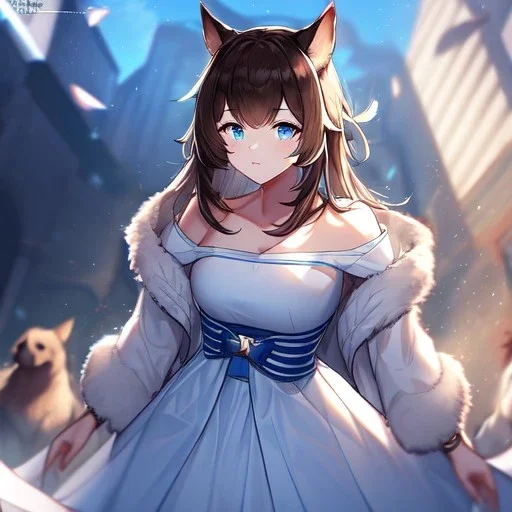 Clear focus, High resolution, Long fluffy brown hair, blue eyes, wearing a white skirt, detailed outfit, wearing a jacket oversized off shoulder, rough line, hair above ears, dog ears, off shoulder white shirt, chopped bangs