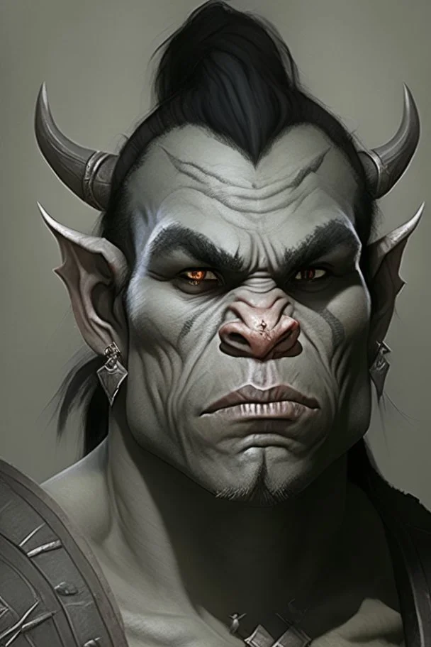 Portrait of an half-orc, grey skin, two large lower tusks, proud look, short dark hair