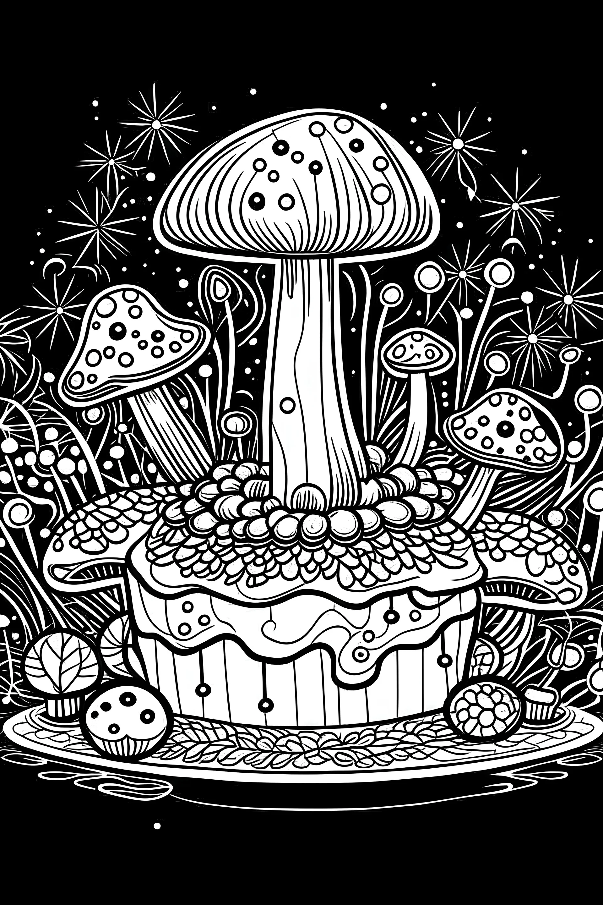 outline art for mushroom and cake coloring pages for kids 2 age , black background, easy, sketch style, only use outline, clean line art, black background