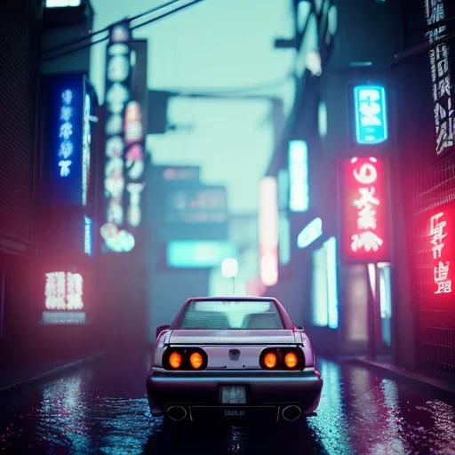 nissan skyline r34; in an alternate universe in tokyo; cyberpunk; realistic; rain; neon signs