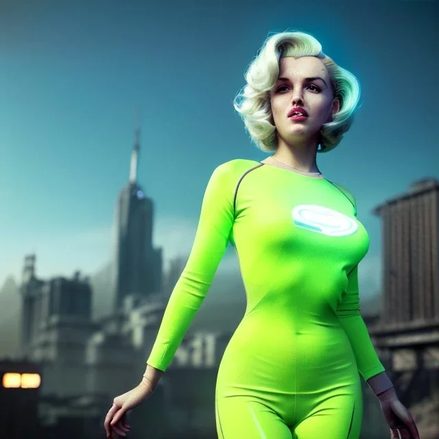 Realistic image, retro sci-fi, portrait, waist up view, blonde woman, sweet Marylin Monroe face, perfect iris, glow eyes. tight lycra tights suit. Futuristic city. epic style, vibrant color, highly detailed, unreal engine 5, ray tracing, RTX, lumen lighting, ultra detail, volumetric lighting, 3d, finely drawn, high definition, high resolution.