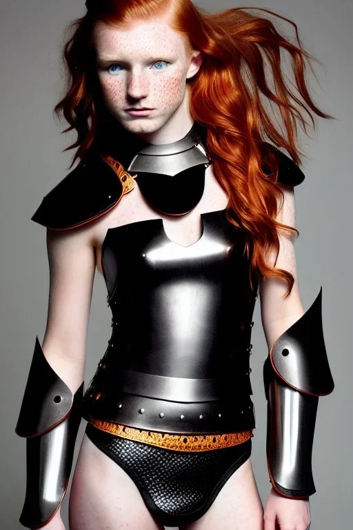 (strikingly beautiful 16 year old charming teen girl:1.2) with (long ginger hair:1.1) and (freckles:1.2) wearing (skimpy leather fantasy armour with halter top and thong:1.3) and (medium cleavage:1.2), tracing, ambient light, highres, (hyperrealistic:1.2), (perfect face:1.1) intricate (high detail:1.1) body, beautiful detailed eyes, plump lips, fantasy theme, Model hash: ddc3021b