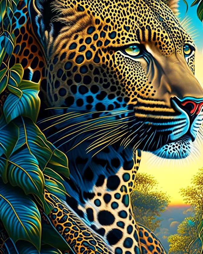 Leopardo en la Selva cuerpo completo árboles detallados elegante obra de arte colores contrastantes pintura al óleo detallada arte Bau Haus hiperdetallada impactante intrincada geométrica sombra 3D arte gráfica iluminación cinematografica 8k cielo soleado nubes coherente