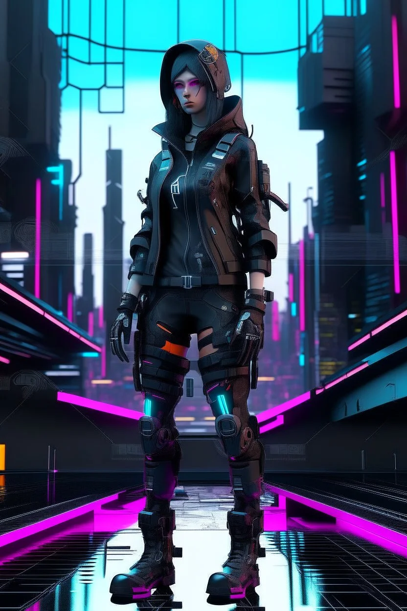 Front view full body vazio cyber punk, cyberpunk city background