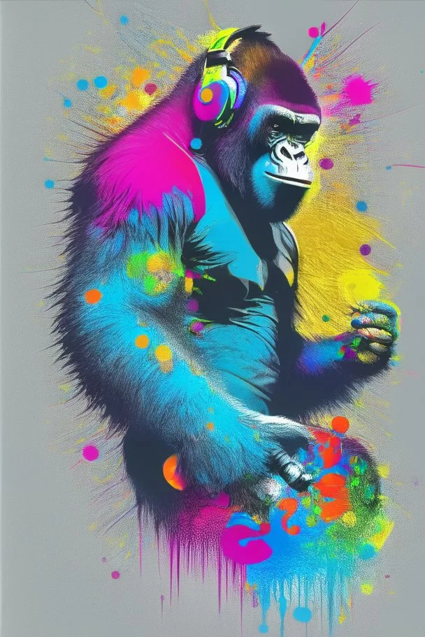 action shot of a Gorilla with headphone mixing music with Dj controller , DMT art,, tshirt vector, enclosed in a circle, vivid colours, sunshine, contour, white background