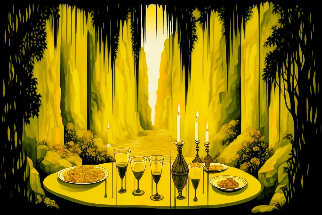 ochre caricarure of dinner in candlelight, double exposure waterfall landscape at night