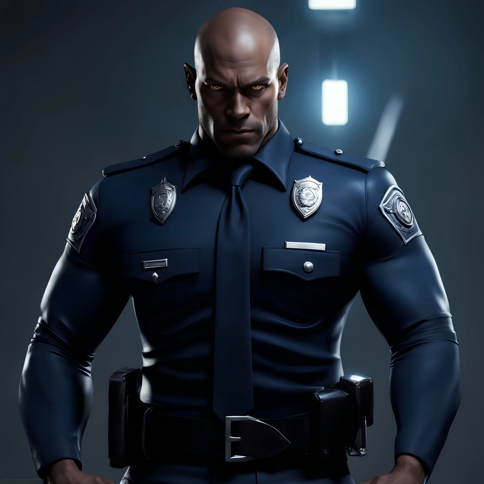 Demon Apoalypse, full body shot of a Police officer with muscular body in dark blue, shiny latex uniform and crossed arms, facing the camera with determination in their eyes, modifiers: highly detailed, Intricate, Sharp focus, Concept art, Fantasy, Warm, Dramatic Lighting, art by stanley lau and alex ross and greg capullo, Trending on Artstation, trending on deviantart, digital painting