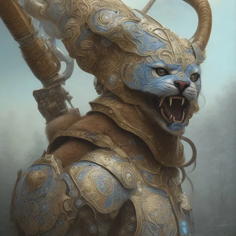 a cougar warrior in blue and white battle armor, a highly detailed illustration, background of Inka jungle, realistic render, 8 k, micro detail, intricate, elegant, centered, digital painting, Artstation, smooth, sharp focus, illustration, artgerm, tomasz alen kopera, peter mohrbacher, donato giancola, joseph christian leyendecker, wlop, boris vallejo