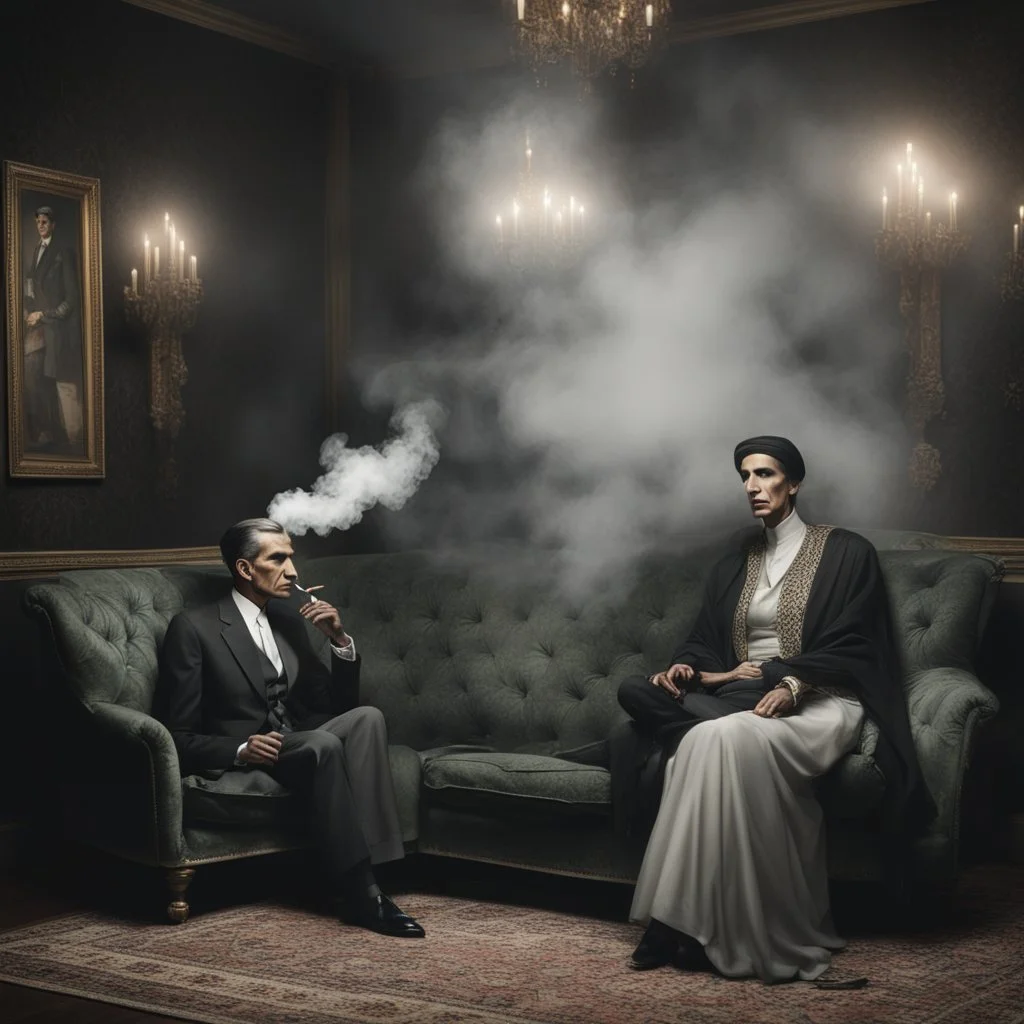 Hyper Realistic Quaid E Azam Smoking Cigar & Fatima Jinnah Sitting on a Velvet Sofa in a foggy Dark Room