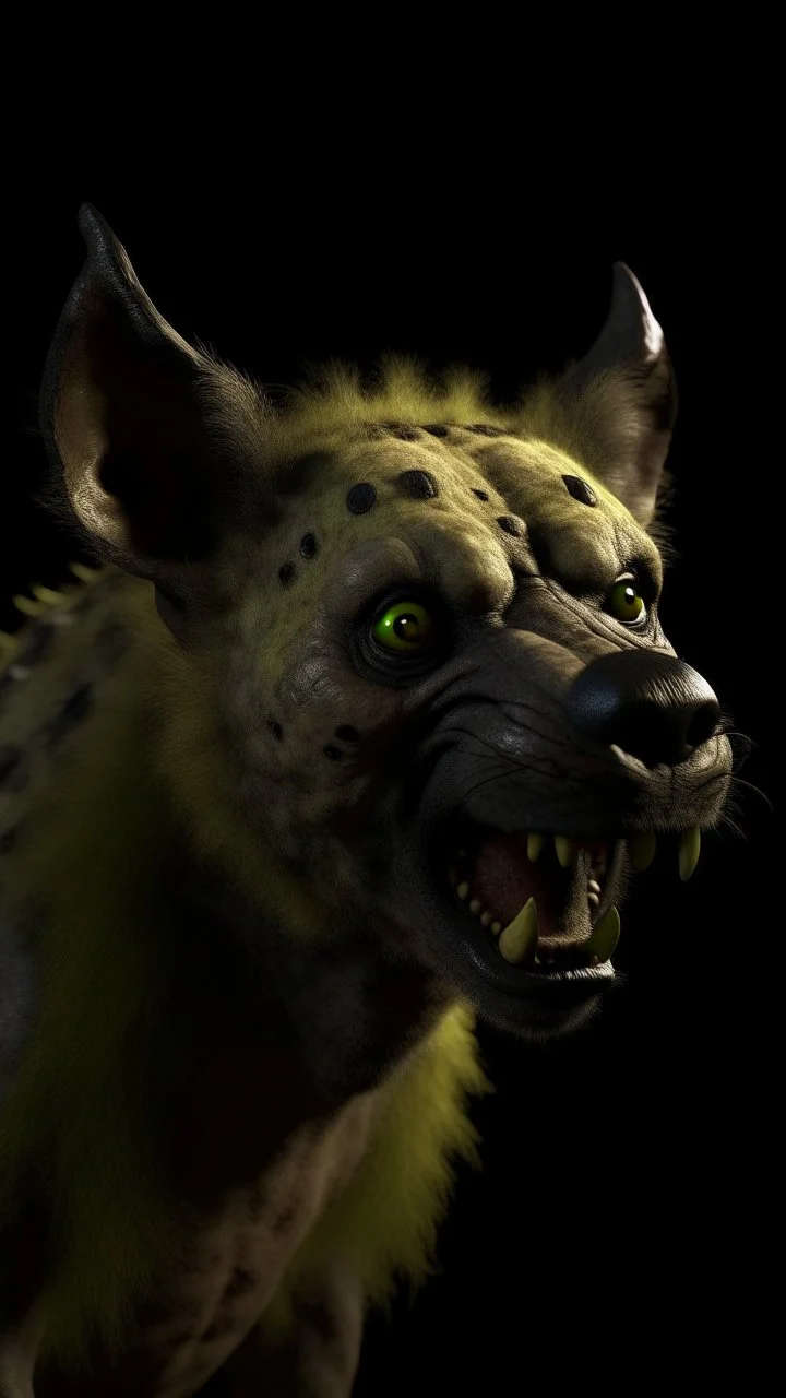 Crafting a terrifying 8K depiction of an evil old hyena face rising hand up ,His presence exudes an unsettling aura of malevolence, instilling fear in all who behold him.