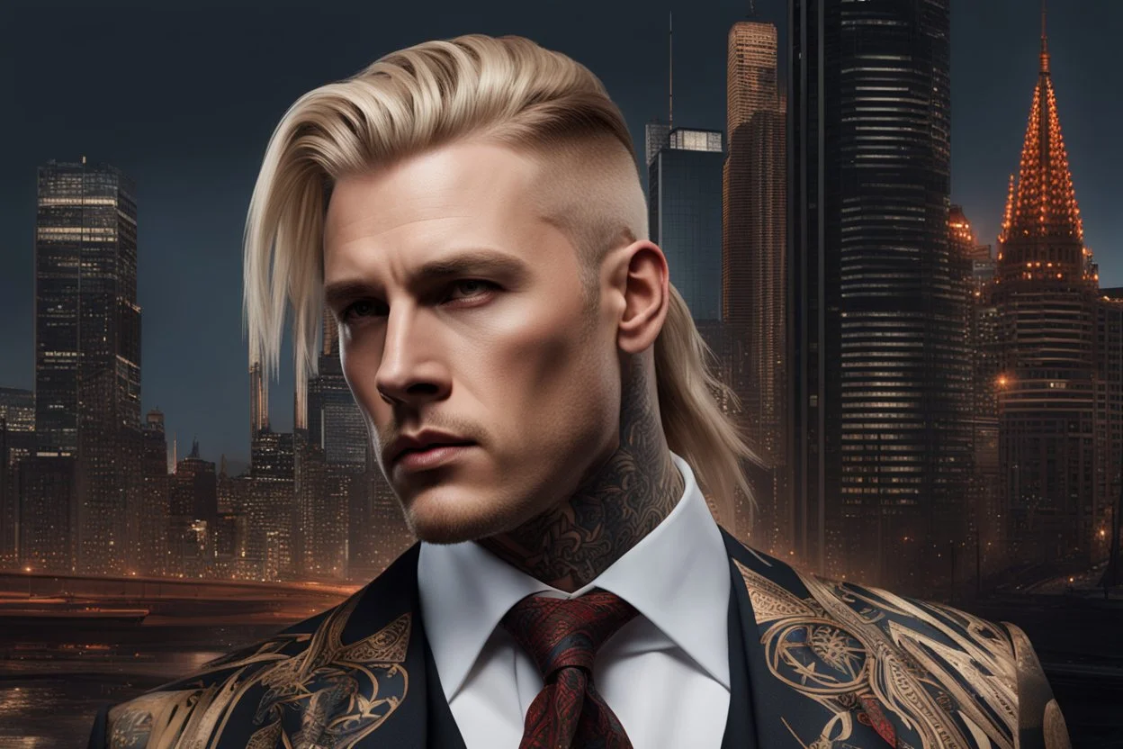 photorealistic portait of henry cavell as mercenary with long blonde hair undercut tribal tattoos wearing smart suit cityscape