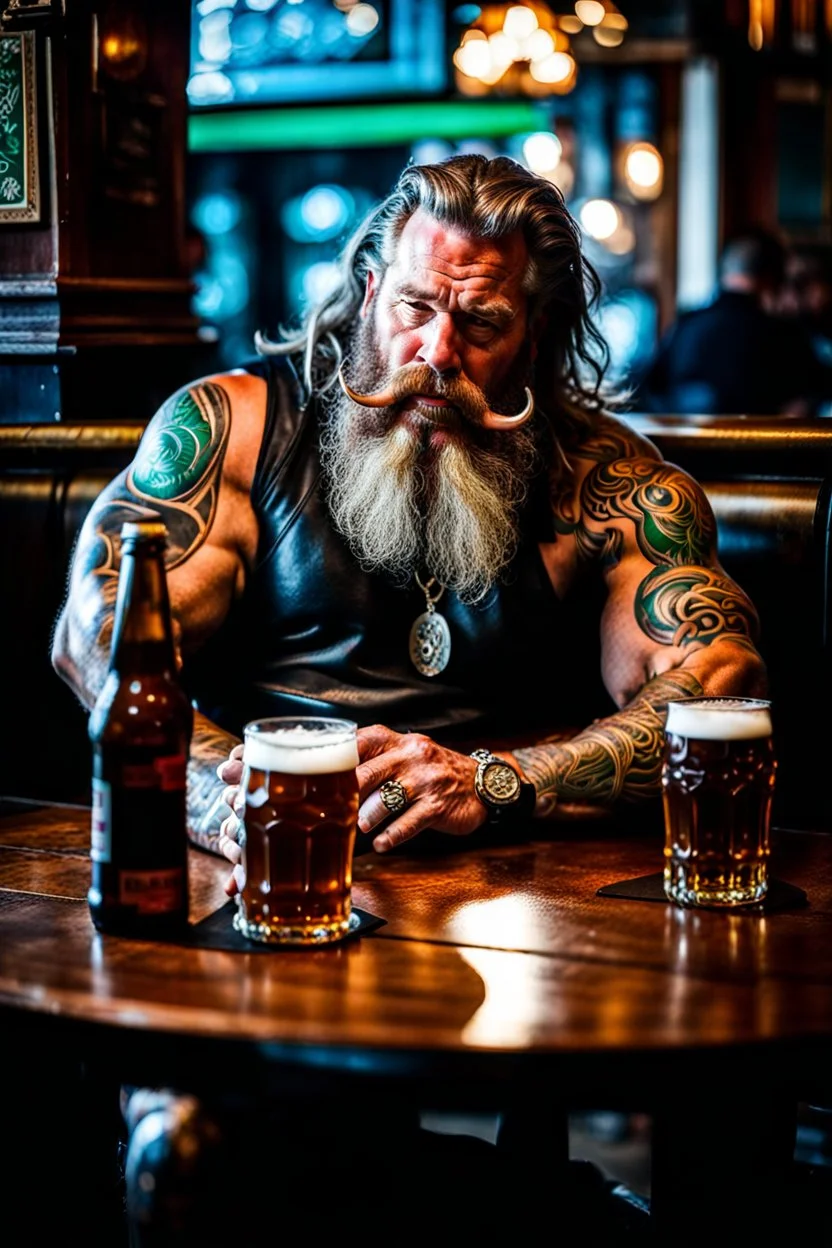 full body shot photography of a burly tired muscular beefy stocky viking tattoed 48 years old, lying down relaxing on a table full of glasses of beer, in irish pub, manly chest, shirtless, hairy torso, dressed wth traditional dress,, long hair, long beard, emotive eyes, big shoulders, ambient occlusions, photorealistic , aerial view