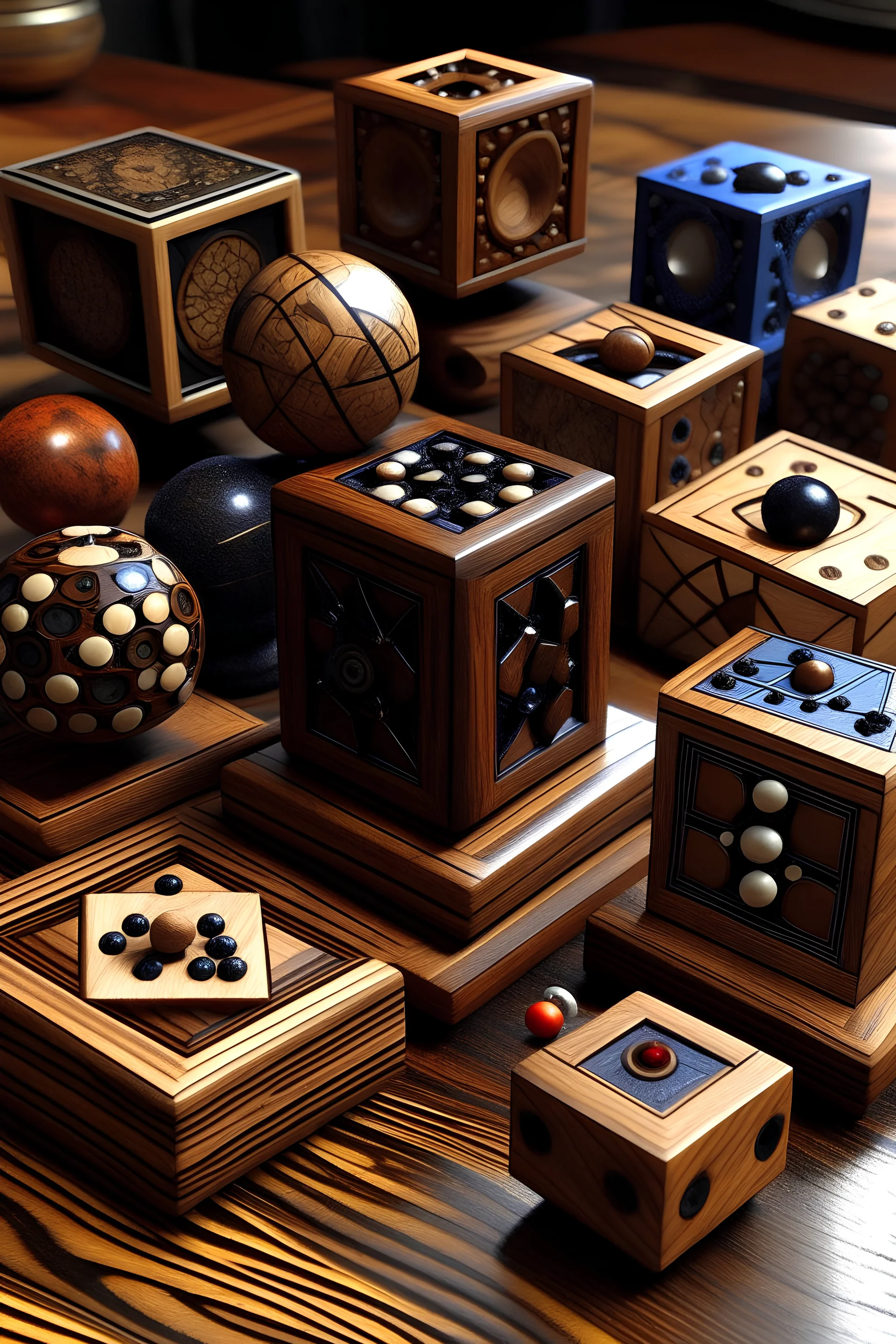 Cubes, wooden games, spheres, clocks, renaissance look, polyhedrons