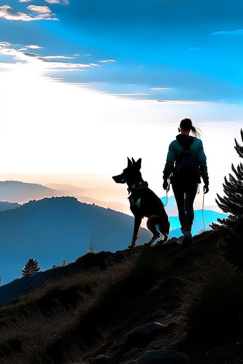 On a mountain, a silhouette of a fit human man and a silhouette of a fit human woman are walking the the peak of the mountain. A Belgian malinois is in the photo behind the woman and the man.