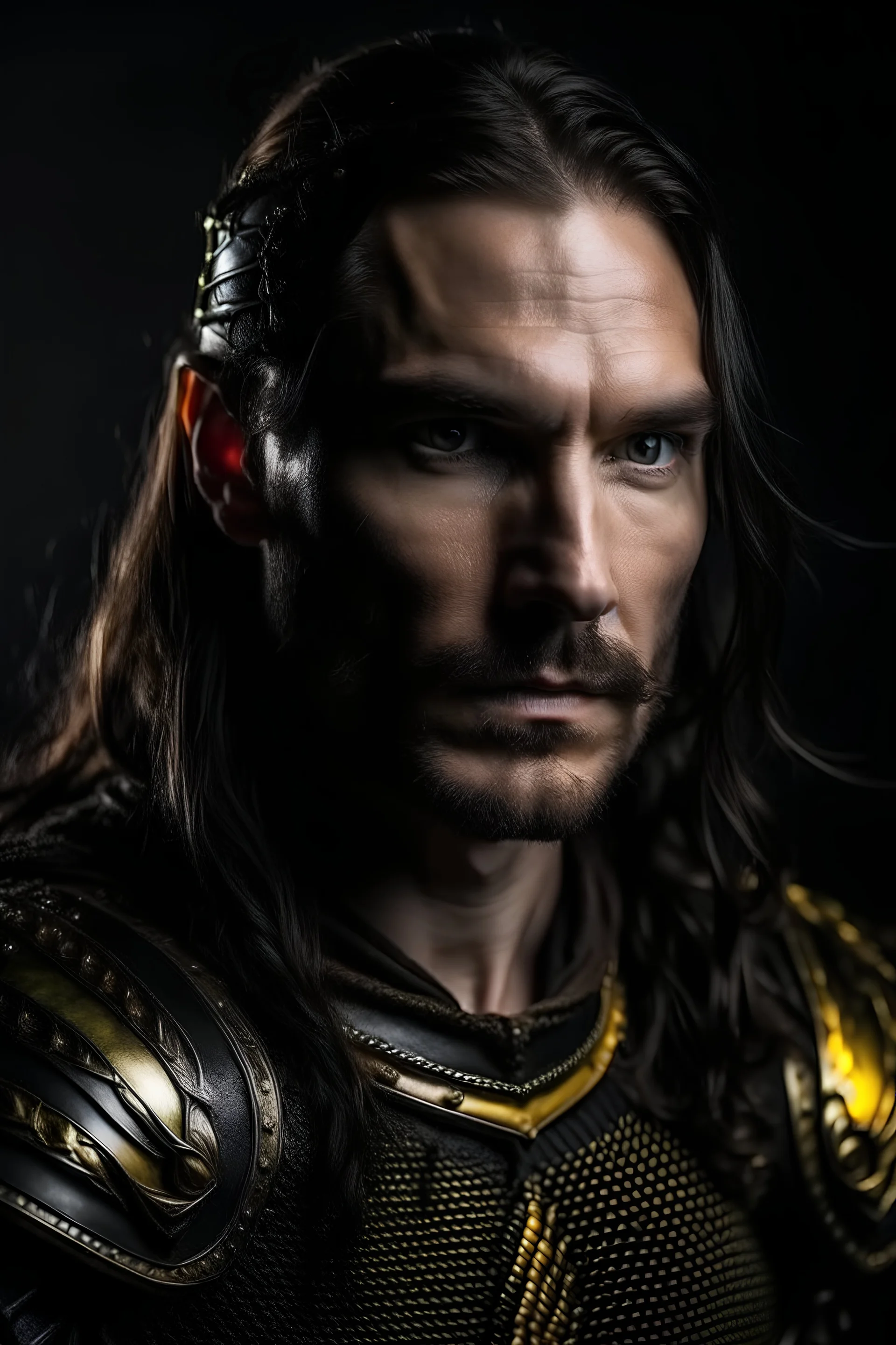 portrait of a handsome 35 year old warrior, long dark hair braided, powerful, in armor, yellow eyes