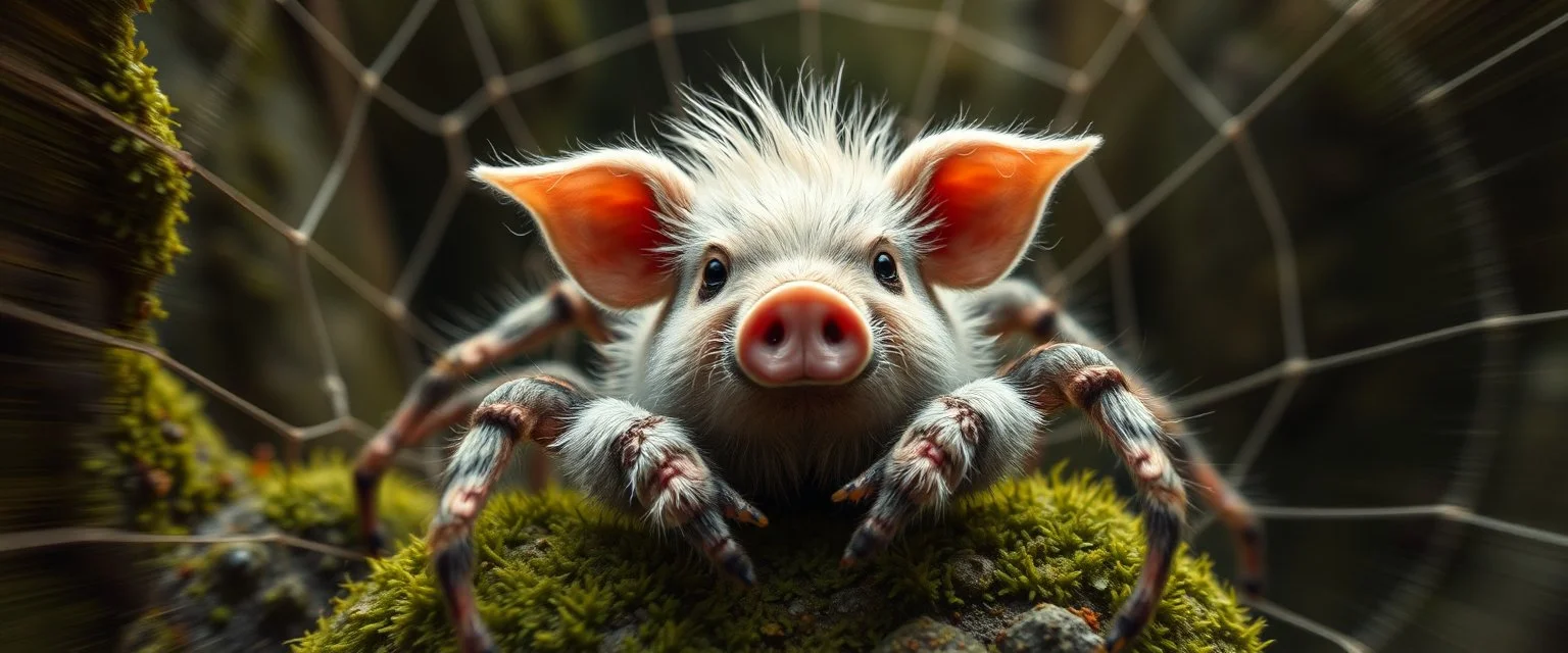 the high speed magical face of a fluffy pig spider yoga with charm in web from mossy tower, master oil painting by Rembrandt and Escher, in his moss covered space ship , brightened edges to give a sense of depth, motion blur
