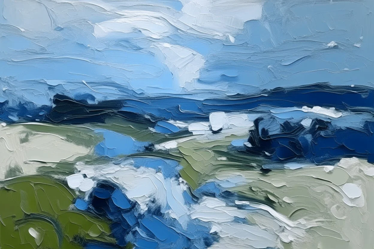 Minimalist English landscape in shades of blue and white impasto oil strokes in the style of frank Auerbach