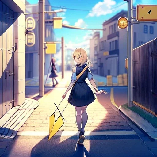 anime girl walking down a yellow brick road, shooting a recurve bow with arrow , road signs, arrows, direction into the street, back facing