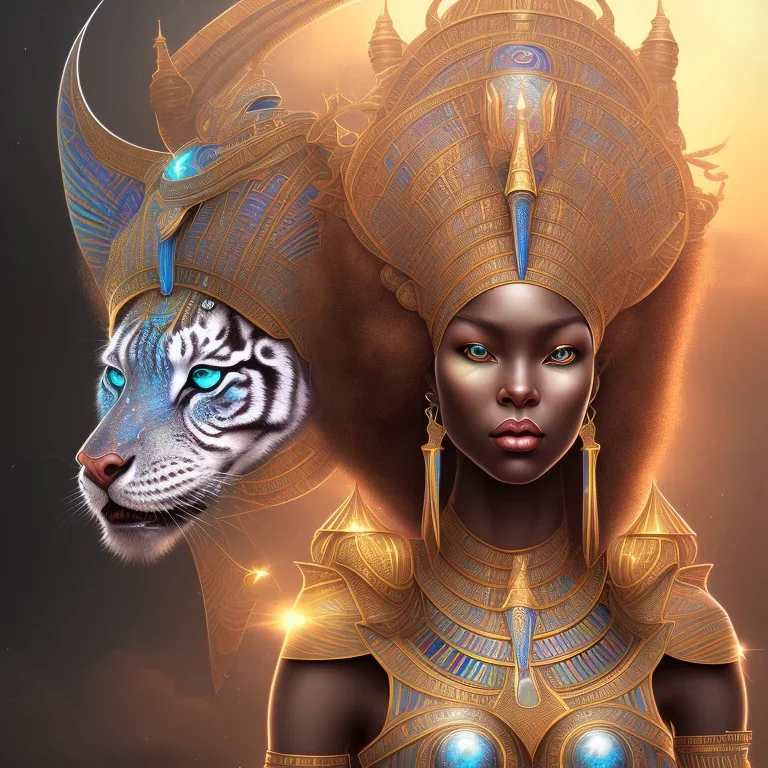 sango fantasy, fantasy magic, intricate, sharp focus, illustration, highly detailed, digital painting, concept art, matte, masterpiece head sexy African beauty black afro hair earth lady silver tiger head Egyptian princess pyramid