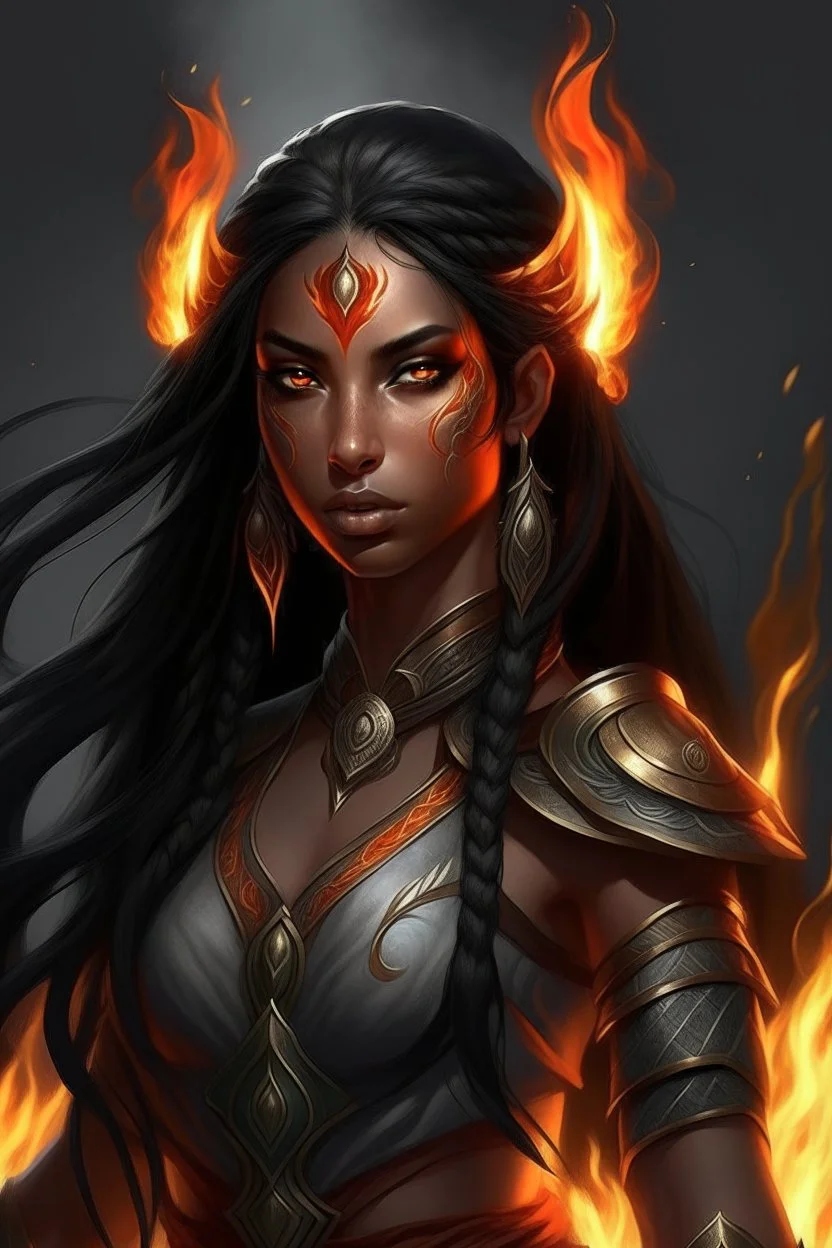 Imagine a powerful eladrin druid with striking black hair. Her eyes glow like intense fire as she effortlessly conjures flames with her hands. Long hair, half braided and cascading, appears ablaze, emitting fire. Clad in light armor, she relies on magic and fire, bearing a significant scar on her face. Tanned skin complements her commanding presence, while a fiery crown-like adornment graces her black hair.