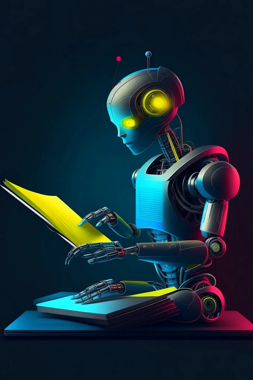 generate a full color front cover simplistic illustration representation of Ai metalic bot writing a book