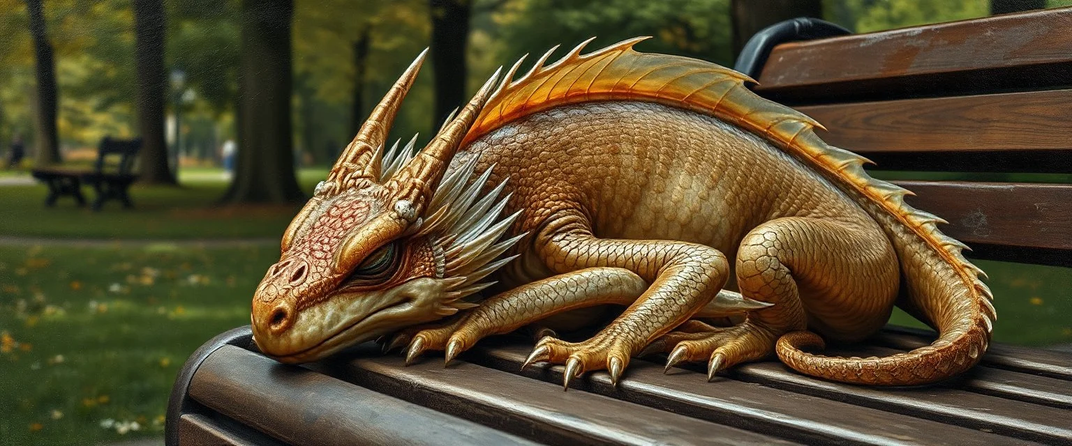 master oil painting by Rembrandt, close up portrait of transparent translucent dragon sleeping on a bench in the park