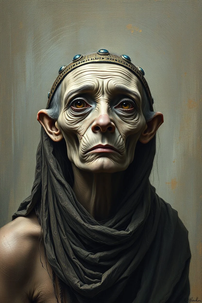 Busch painting style nightmare, an old Egyptian woman, her skin texture made of grey dog hair Webber , she is without hair