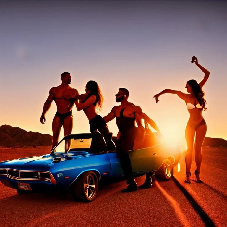 muscle car, man and woman making love, desert road, sunset, full colour,