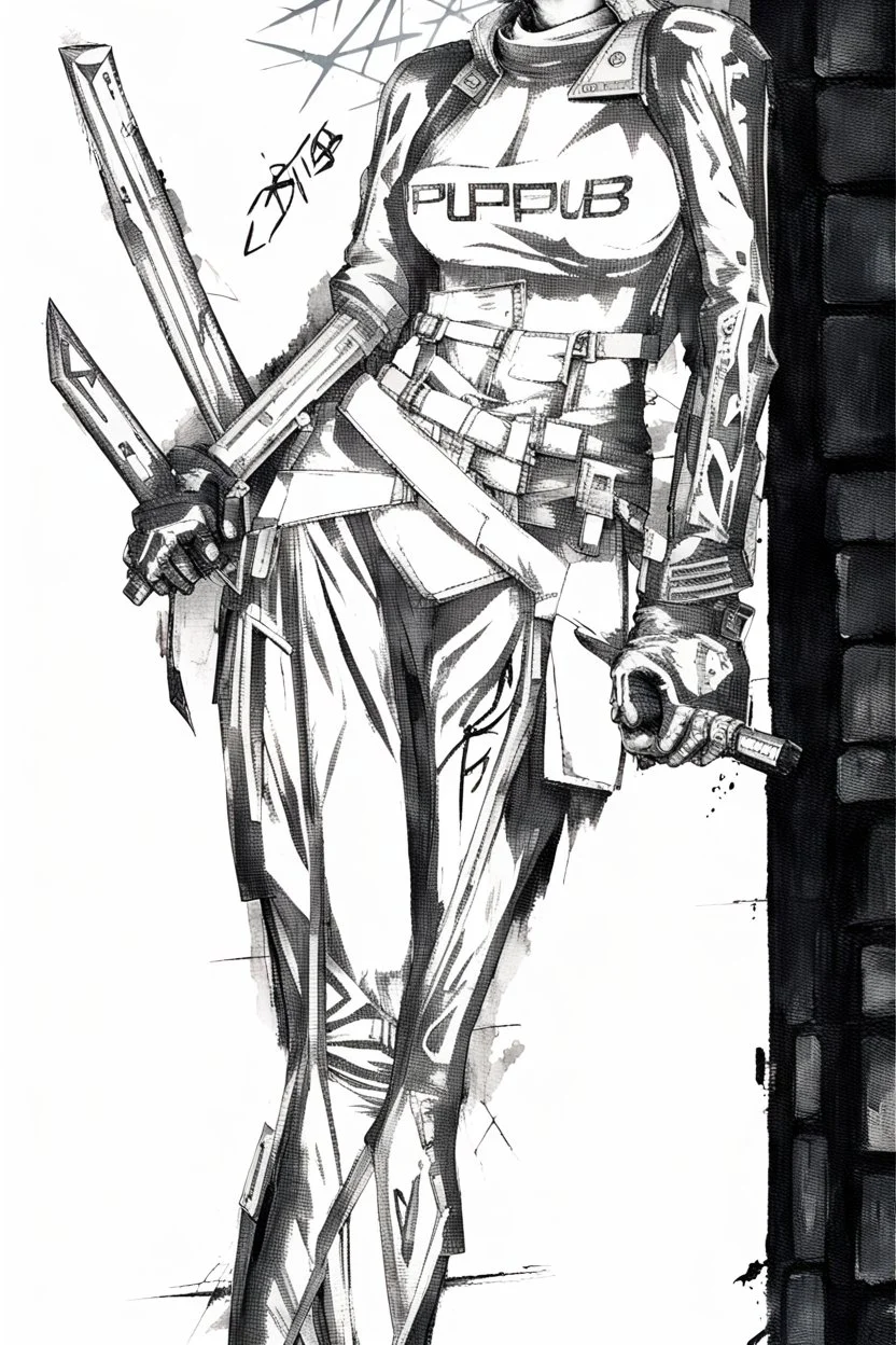 teen woman in retro-futurist cyberpunk costuming with pants and sheathed swords leaning to the side with shoulder against a brick pillar, background is brick with graffiti of a large arrow pointing to the right and text of the word "PUB" on lower left