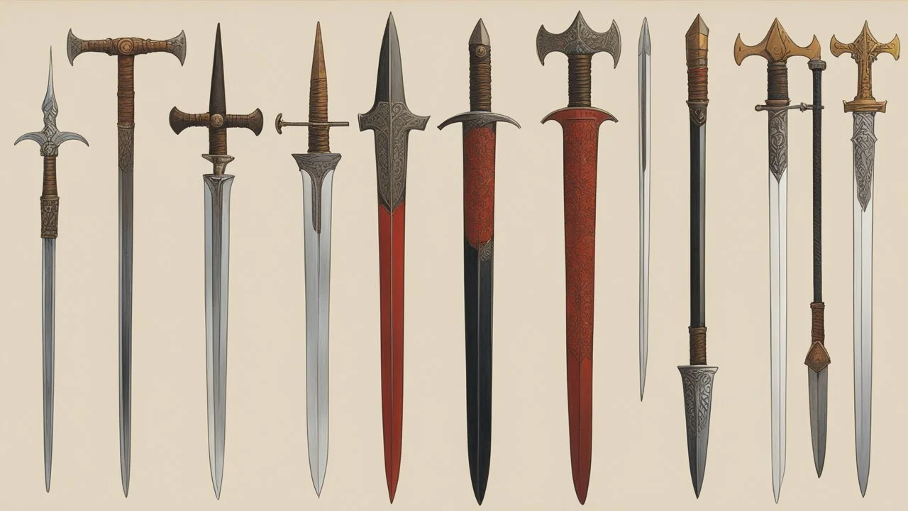 [Art by moebius] a series of medieval weapons: axes, pole arms, swords