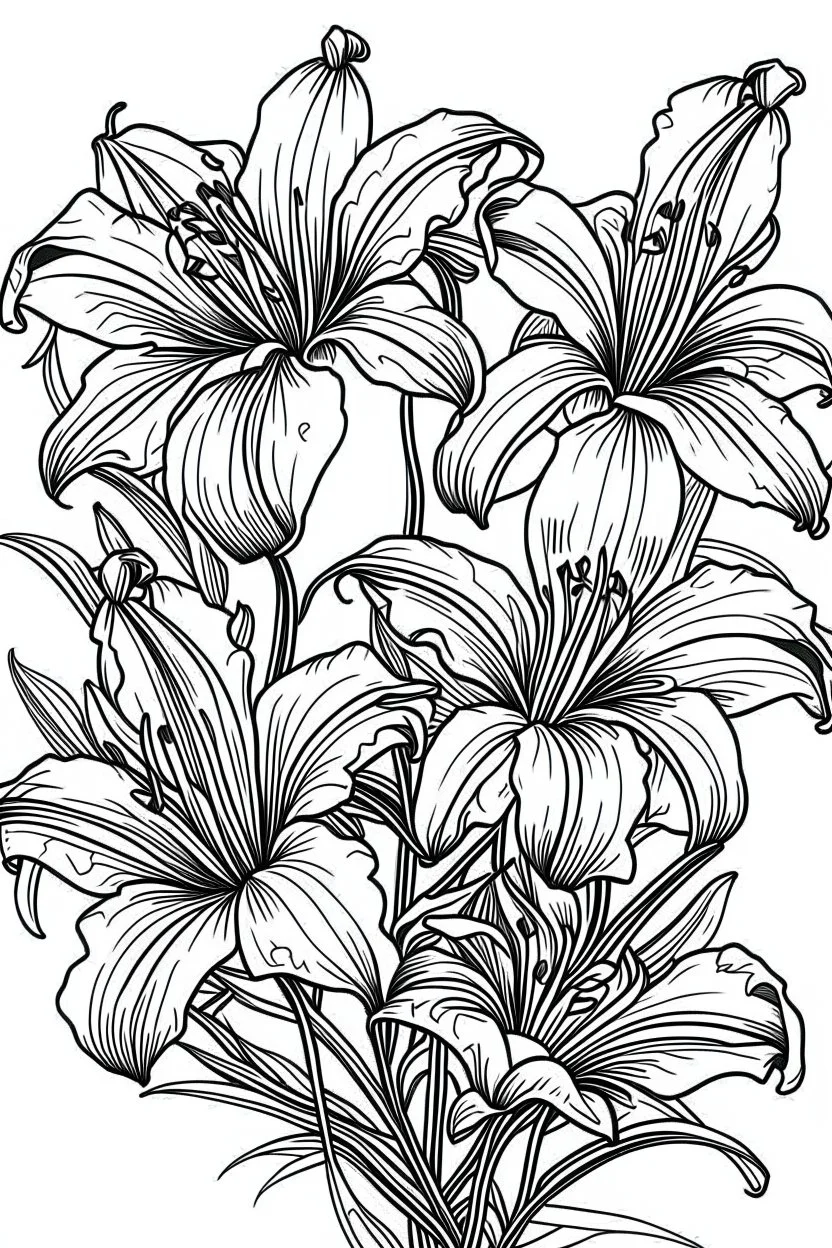 Outline art for coloring page, LILIES WITH STEMS, coloring page, white background, Sketch style, only use outline, clean line art, white background, no shadows, no shading, no color, clear