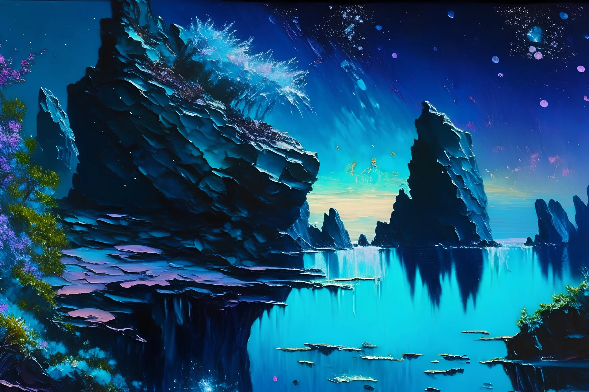 rocky cliff, vegetation, galaxy, infinite, cosmos, people, water reflection, sci-fi, otto pippel impressionism painting