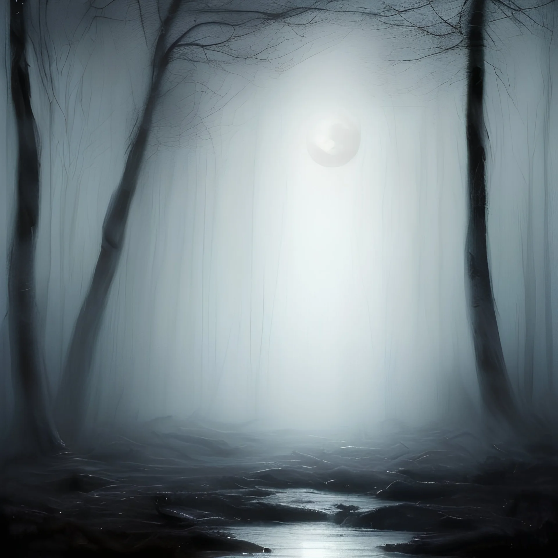 An evocative oil painting capturing the Spirit of Darkness as a spectral figure emerging from the depths of a moonlit forest, its form shrouded in ethereal darkness, wisps of shadowy mist swirling around its outstretched hands. The moon casts a cold, silvery glow through the dense canopy, illuminating twisted branches and gnarled roots that seem to writhe in anticipation. The atmosphere is thick with tension, evoking a sense of primal fear and reverence for the enigmatic entity