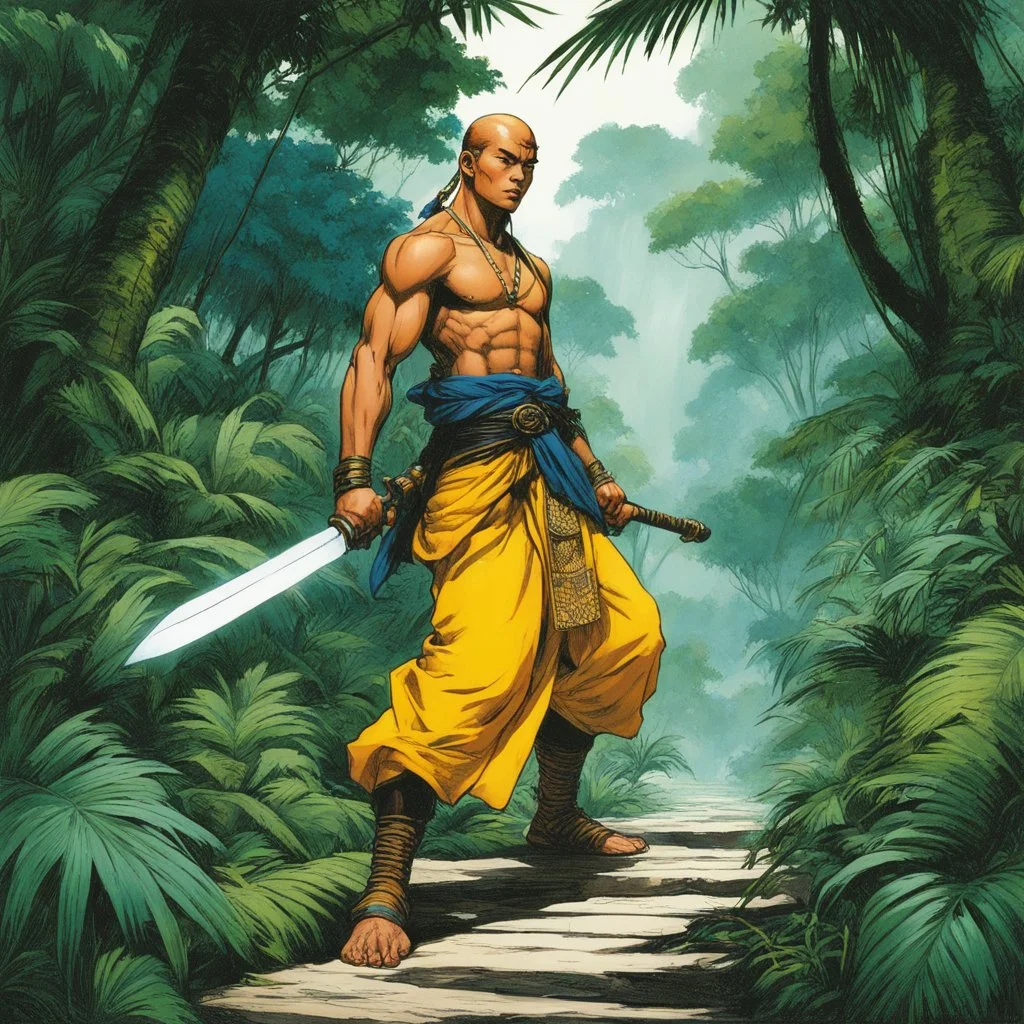 (in the style of Orion, by Masamune Shirow) a Shaolin monk exploring the jungle