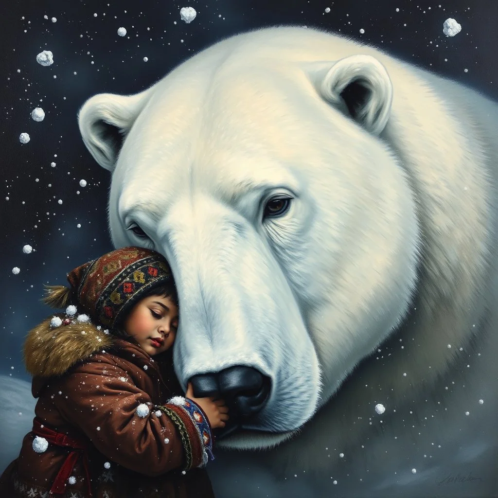 dark fantasy oil painting of a traditional Inuit girl snuggling againt the giant face of a polar bear in a snowstorm