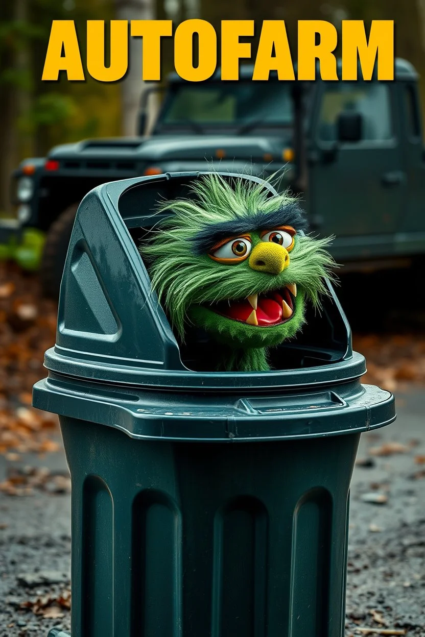 EUROPEAN Oscar the AUTOFARM Grouch SESEME ST CHARACTER IN LARGE GARBAGE TRASH BIN,GARBAGE TRASH BIN, side profile, "GARBAGE TRASH BIN IN FRONT" man in super blackscary (((((autofarm)))))) TITLE in movie poster movie style horror look. as five headed mouth open, rough teeth, turn head around, landrover crash in background(&*&*^%$^#%$#%$^%$#^#$#^%#$^$#