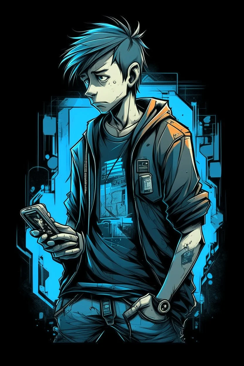 boy, , , cyberpunk, holding a cellphone, comic book art style, geek, engineer, t-shirt, jeans, drug addict, ,