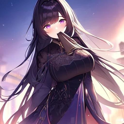 High quality, Detailed, Black long hair, Purple eyes, Detailed clothes, mouth open, blushing