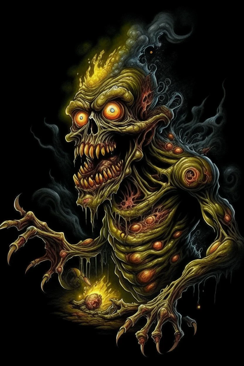 High_Quality_Art Digital Painting of Science experiment Horror Cronenberg Monster zombie creature by Richard Corben, Todd Schorr, T-Shirt Design, Black Background,