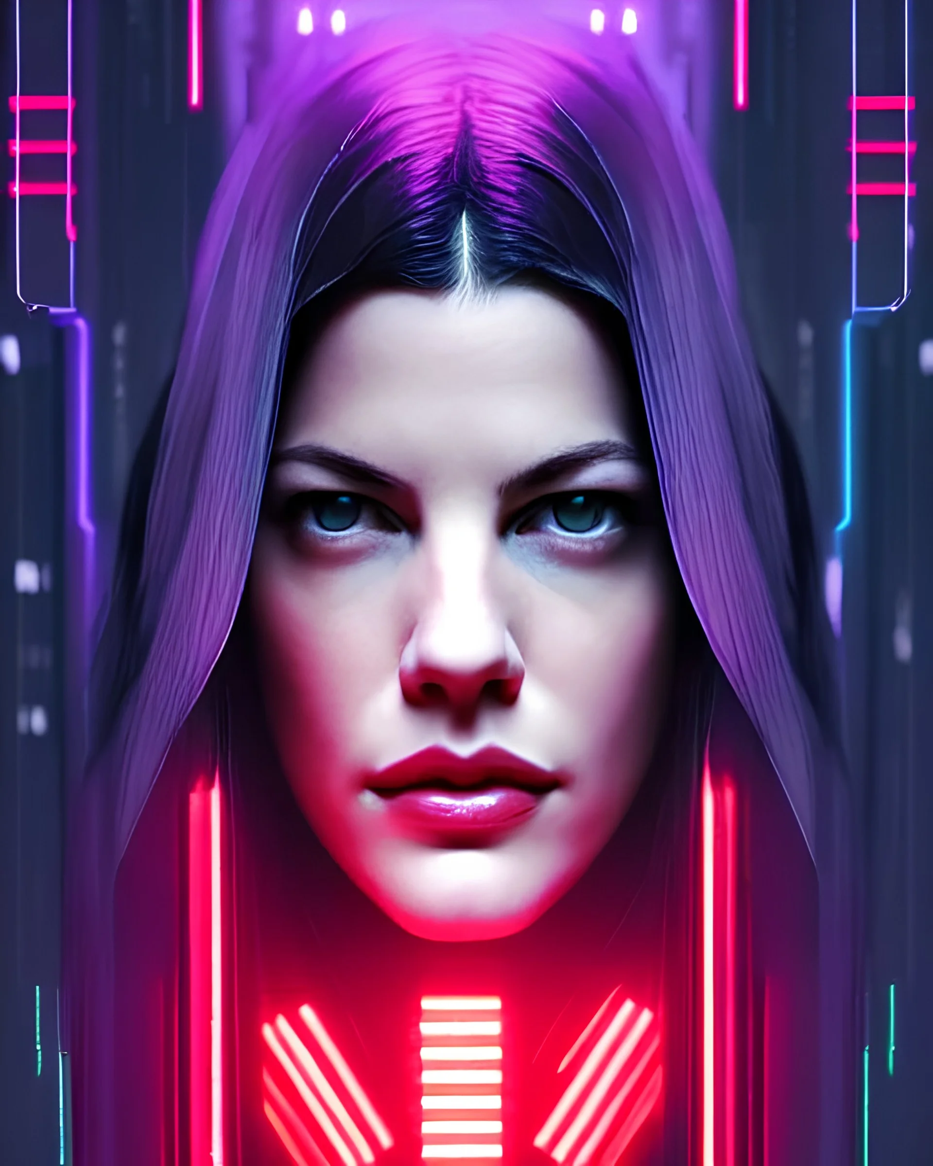 symmetry!! portrait of Liv Tyler, sci-fi, cyberpunk, blade runner, glowing lights, tech, biotech, techwear!! intricate, elegant, highly detailed, digital painting, artstation, concept art, smooth, sharp focus, blur, short focal length, illustration, art by artgerm