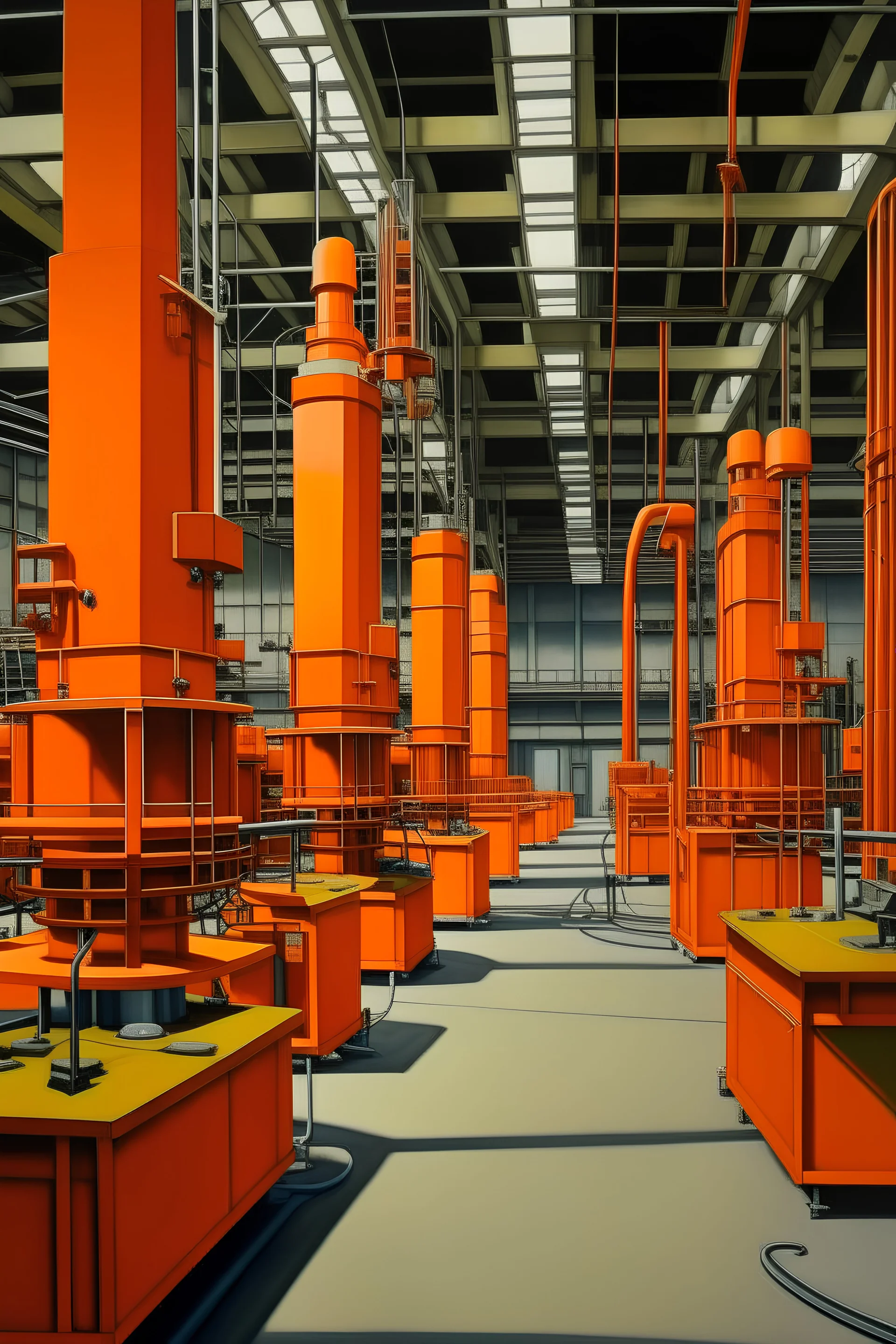 An orange colored factory filled with machines painted by Piet Mondrian