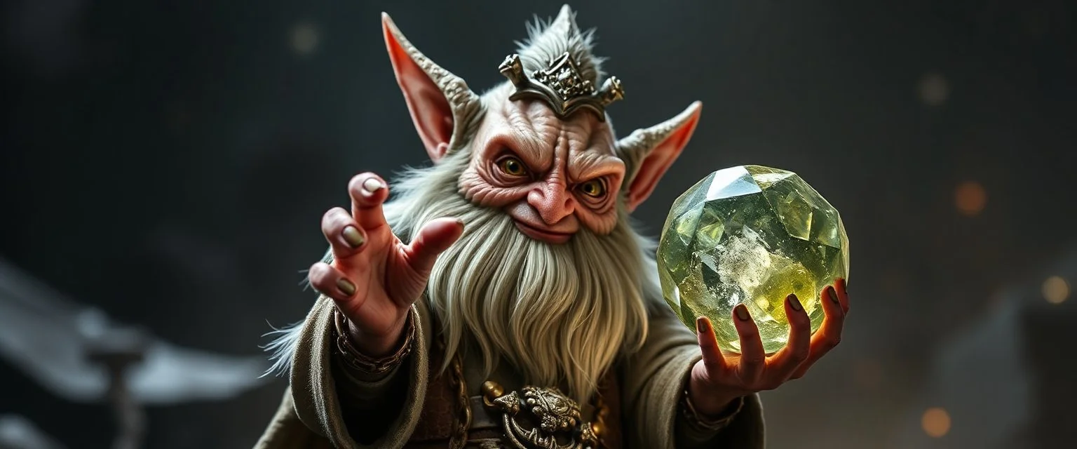 dwarven gremlin expert holding up a radiant Painite crystal rosette ball