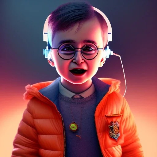 Harry Potter toddler, smile, cyberpunk headphone, sunglass, gangsta neckless, full body, orange puffer jacket, tokio background, dramatic lighting, hyper realistic, unreal engine 5, 16k