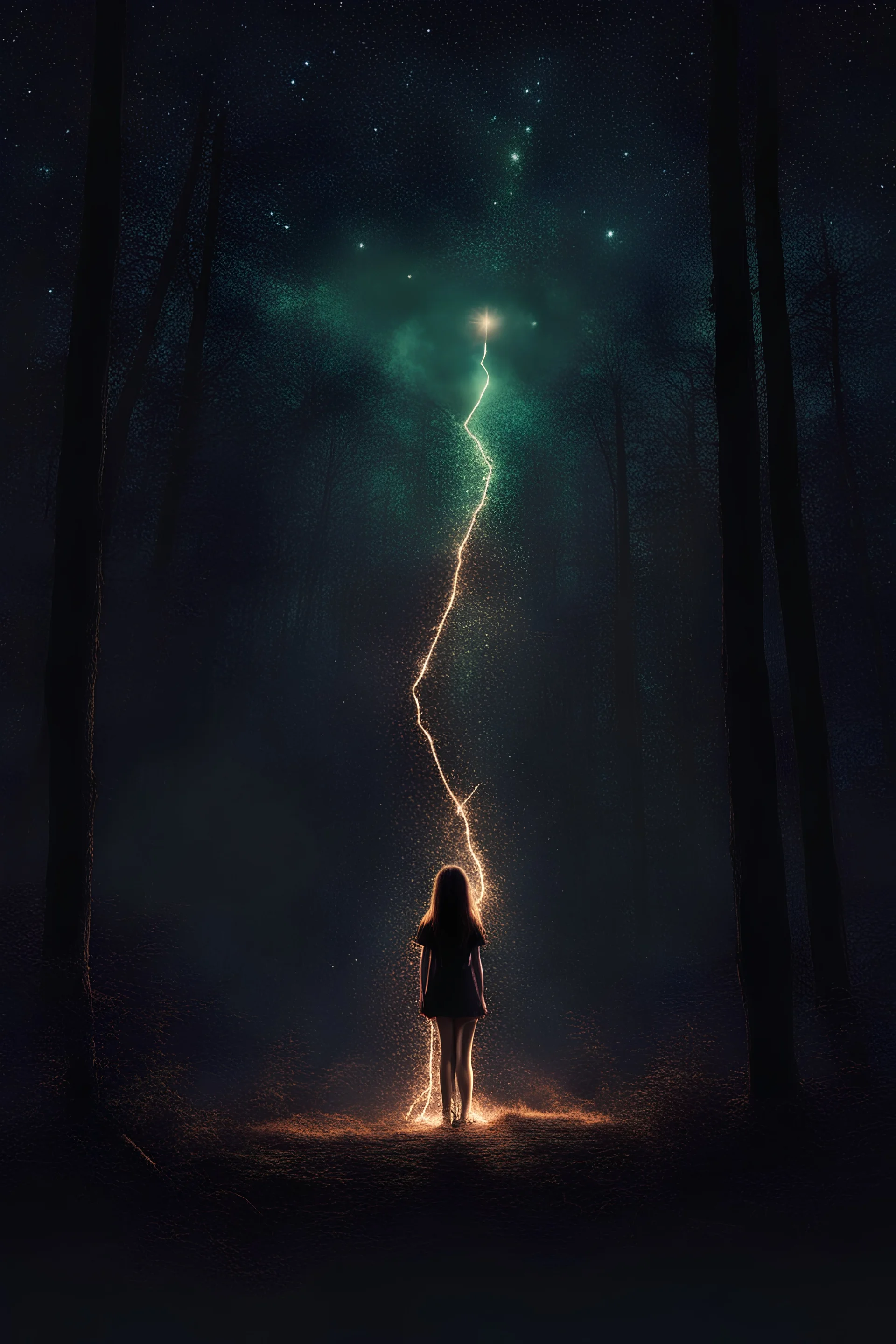 girl in the forest, sparks around her, galaxy on background,