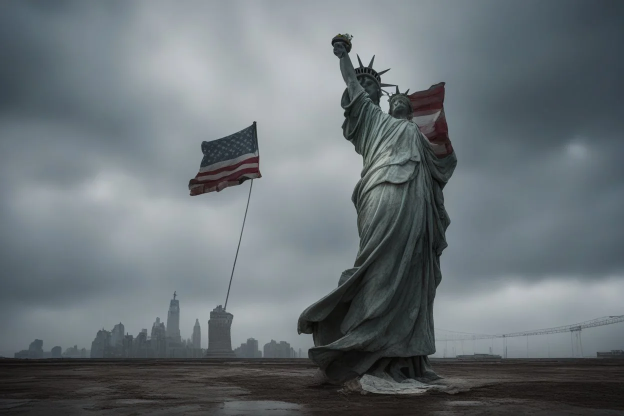 the statue of liberty, dress dirty and torn, her face solemn and terse, trash littered at her feet, she holds a crumpled american flag, she walks away with back turned under a dark and dreary sky, wide angle