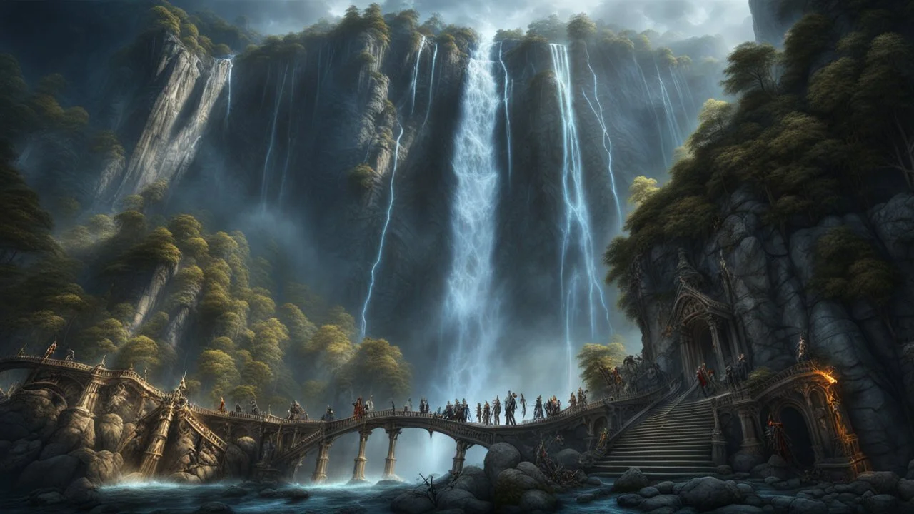 undead skeletons falling from the top of a 3.000 feet high waterfall. fantasy setting, horror. exquisite realism, a masterpiece, fantasy concept art, dynamic lighting, hyperdetailed, intricately detailed, deep color, Unreal Engine, volumetric lighting, Epic cinematic brilliant stunning intricate meticulously detailed dramatic atmospheric maximalist digital matte painting