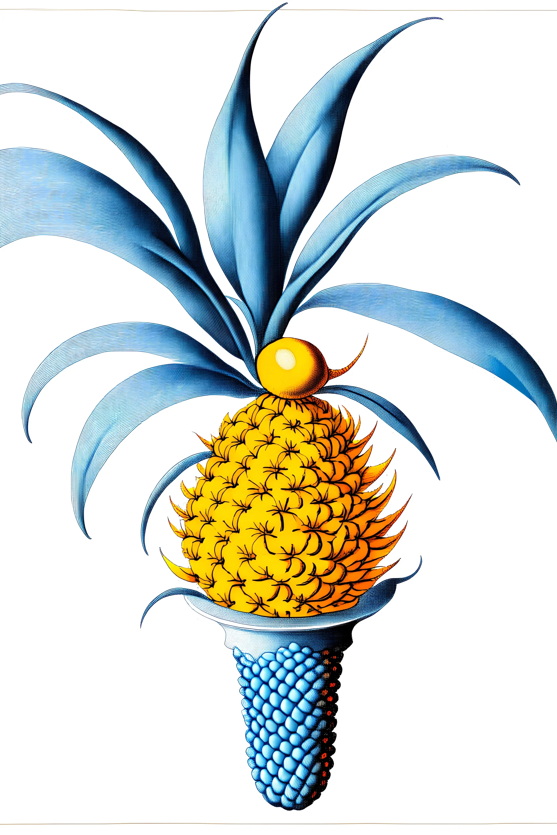 naturalist illustration of a {pineapple, blueberry, rambutan, banana} bird