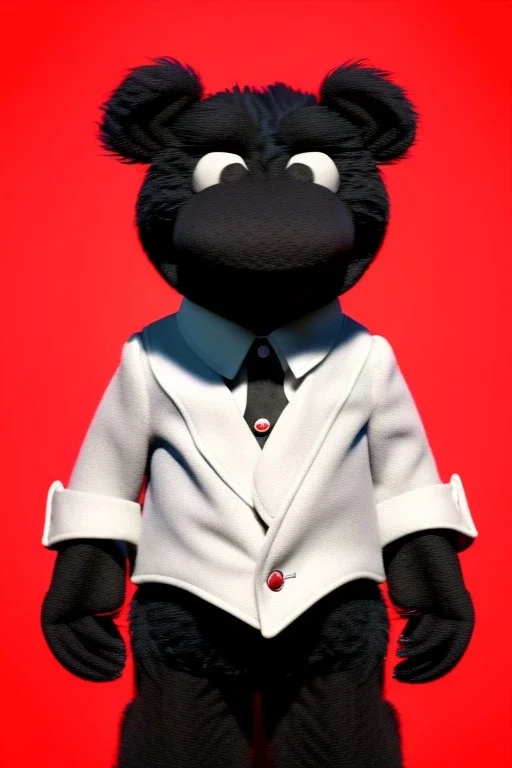 Waist up muppet Portrait, Kim Jong-un muppet doll, black suit, photo studio, red background, unreal engine 5, concept art, art station, god lights, ray tracing, RTX, lumen lighting, ultra detail, volumetric lighting, 3d.